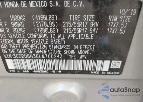 2020 Honda Hr-V Awd Lx z USA, uszkodzony, nr VIN 3CZRU6H36LM700243